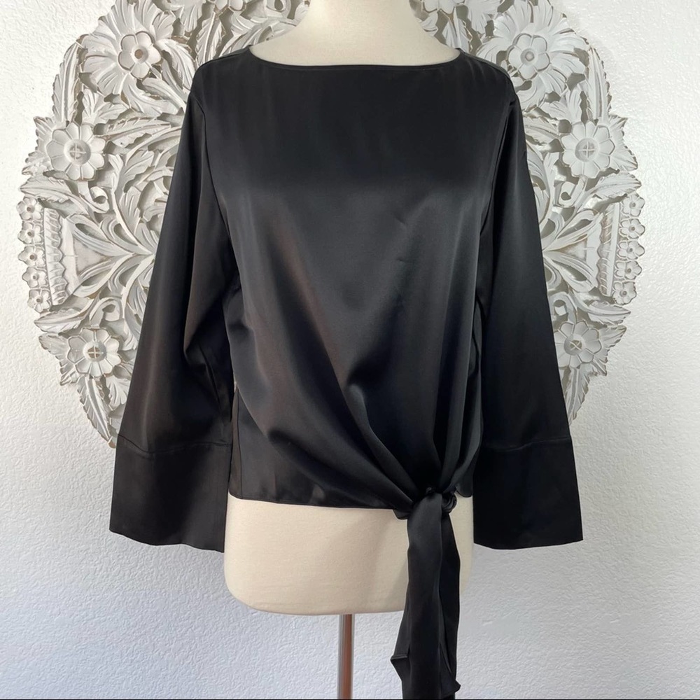 {Cinq a Sept} Scarlett Silk Satin Tie-Front Long Sleeve Blouse, Size S, NWT